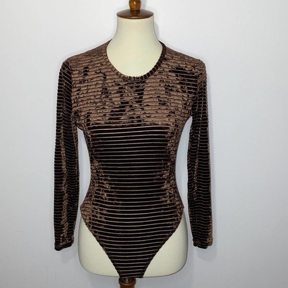 M VTG Adam Pour Eve Paris Brown Velvet Sheer Mesh Striped Long Sleeve Bodysuit - Picture 12 of 12